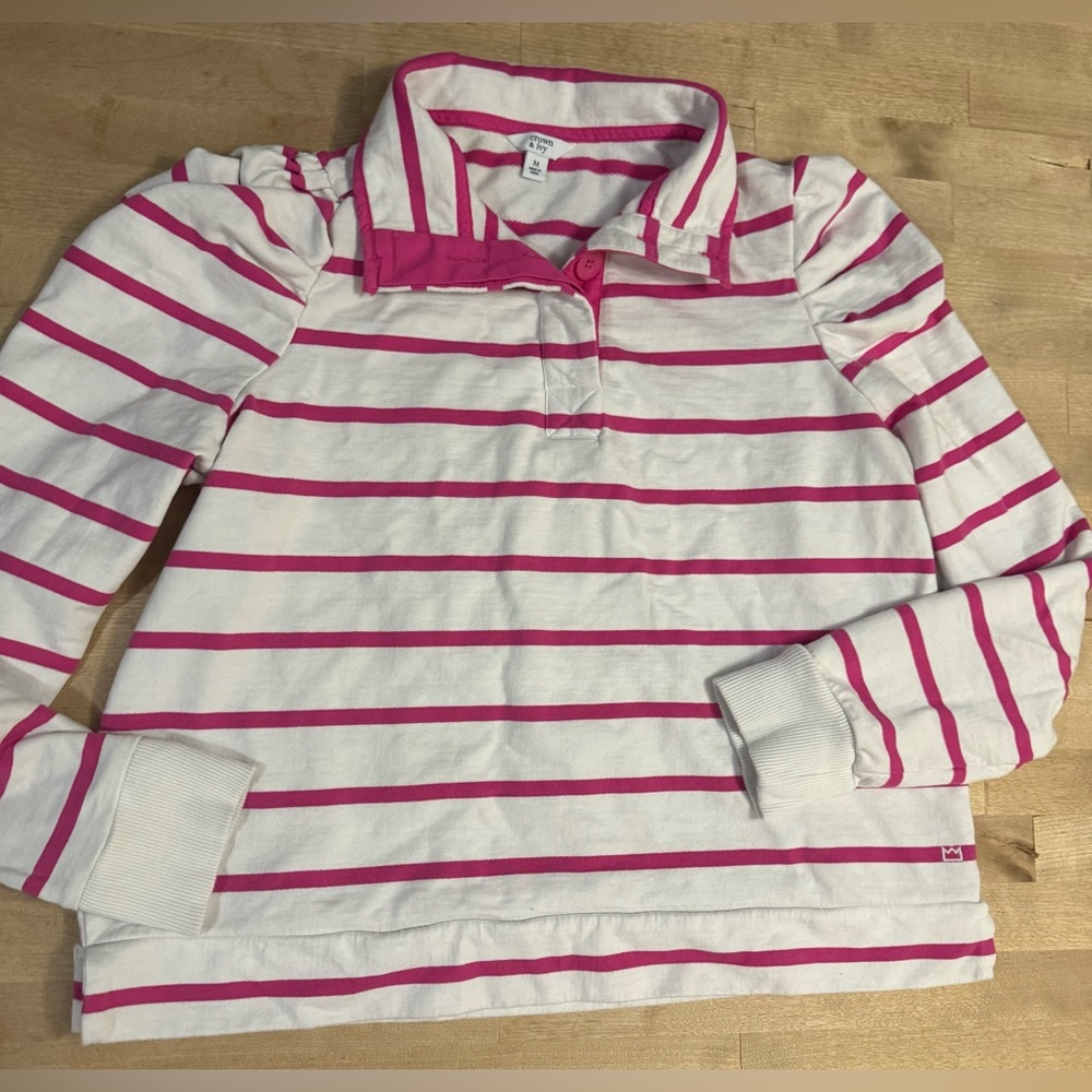crown & ivy Pink and White Striped collared Sweatshirt